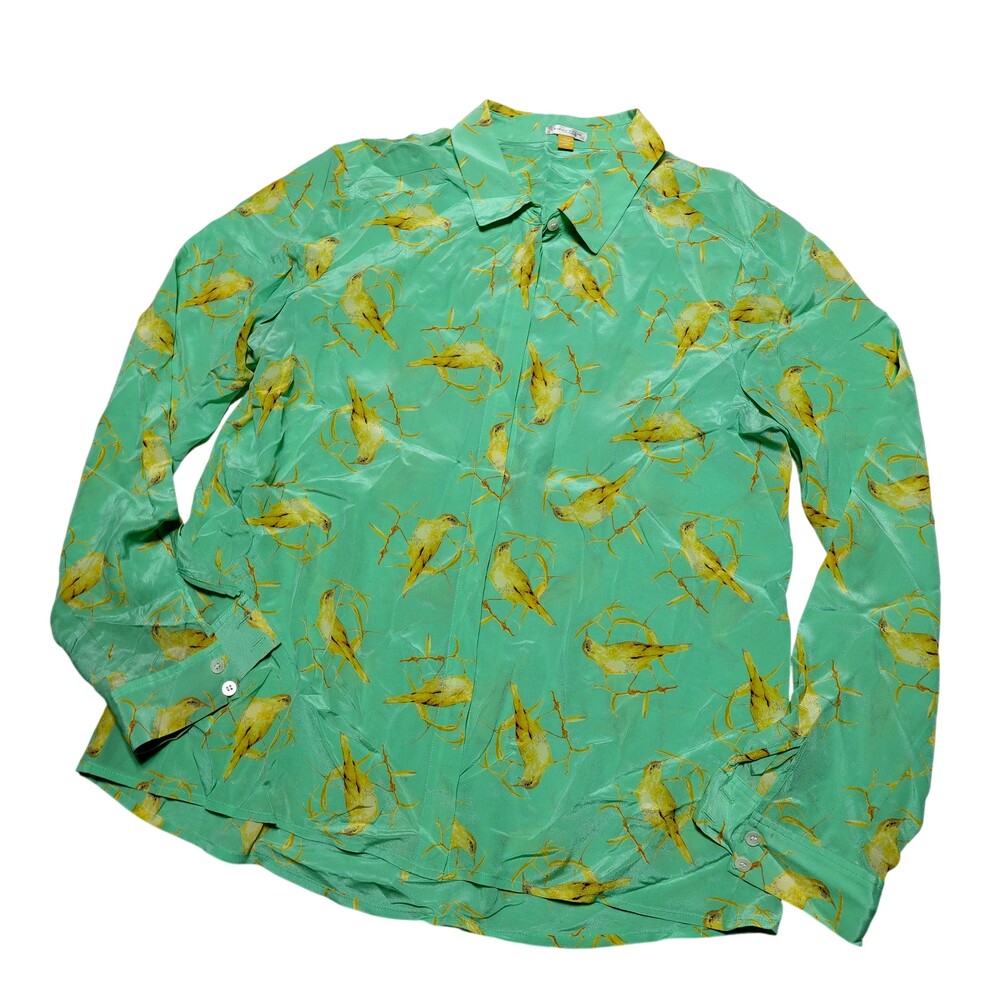 Leifsdottir Blouse Womens 12 Green 100% Silk Bird Print Button Front Top
